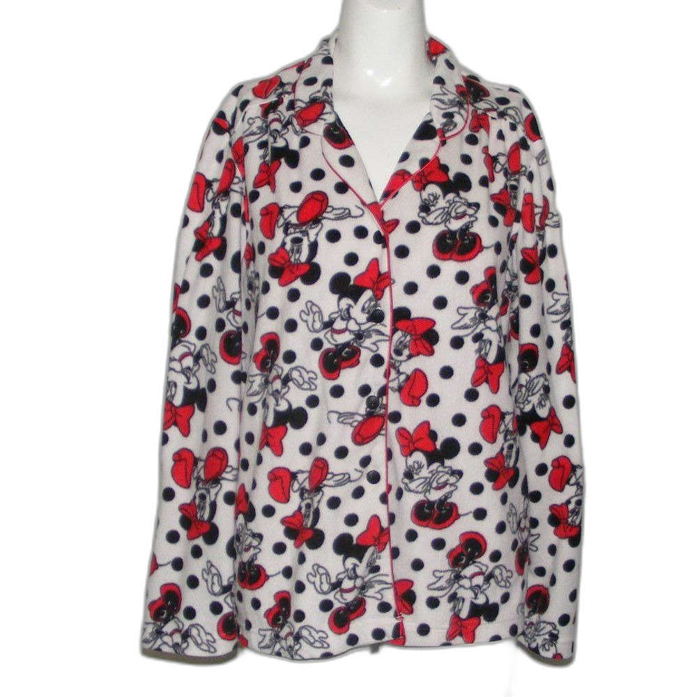 DISNEY Minnie Mouse Pajama Top, L, White Polka Dots, Minnie all over, Buttons LS - Picture 8 of 11